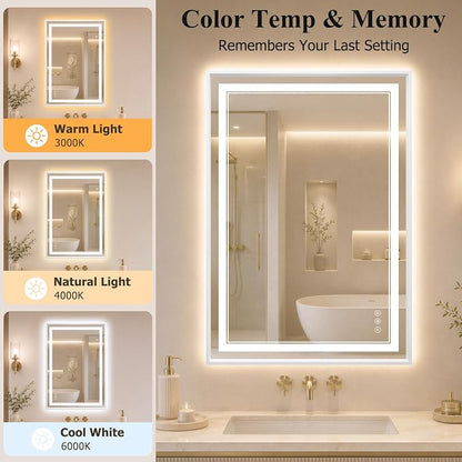 30"x40" LED Bathroom Mirror with Lights, Backlit + Front Lit, Anti-Fog | Lighted Bathroom Mirror with One-Piece Aluminum Alloy Frame, HD Shatterproof Tempered Glass, Dimmable, Memory Function
