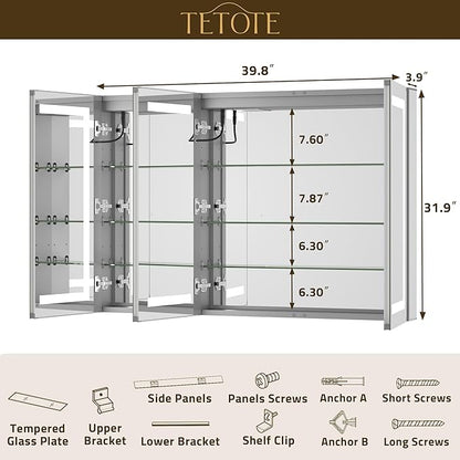 TETOTE 48 x 32 Lighted Medicine Cabinet with LED Lights, 3 Door Recessed or Wall Mount Bathroom Cabinet, Led Vanity Cabinet Mirror, Tempered Glass, Outlets & USB, Adjustable Shelf, 3-Color Lights