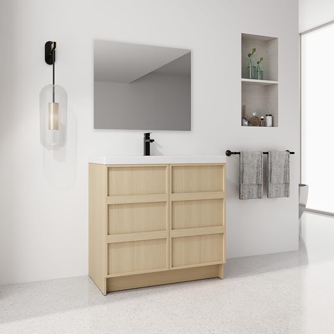 36-Inch Bathroom Vanity with Sink Mid-Century Bathroom Vanities with Top Basin Floor Wood Bathroom Sink Cabinet with Soft-Close Doors & Adjustable Storage Shelves (Oak)