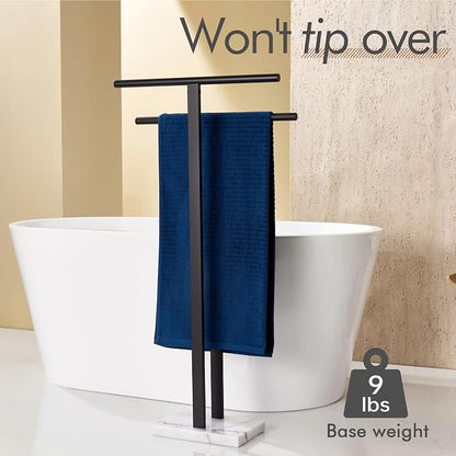 KOKOSIRI Free Standing Towel Racks Matte Black 2-Tier Towel Holder for Bathroom Floor Stand with Heavy Marble Base Thicken Steady Design Stainless Steel THS0005-BK