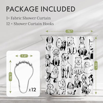 AmazerBath Shower Curtain, Washable Cloth Cute Dogs Kids White and Black Shower Curtain Set with 12 Shower Curtain Hooks, Kawaii Pet Puppy Waterproof Shower Curtains for Bathroom Decor, 72x72 Inches