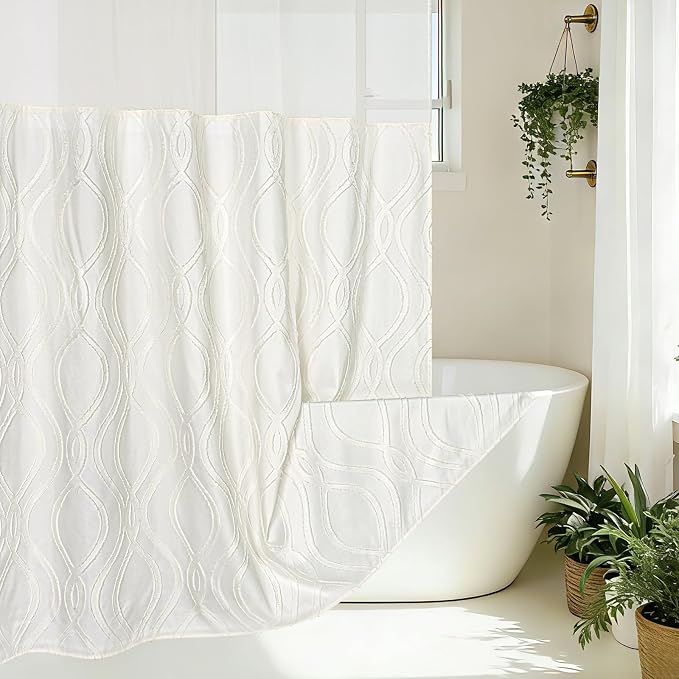 Yinhua No Hook Shower Curtain with Snap in Liner Set, 71" W×74" L, Beige | Hotel Style Curtains with See Through Top Window, Washable Waterproof, Tufted, Hookless Curtain for Bathroom Bathtub