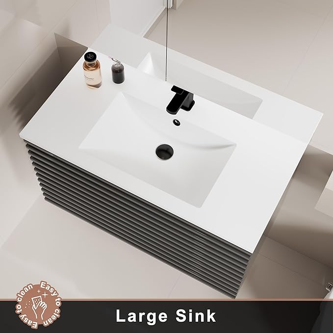 LUCKWIND 36" Floating Bathroom Vanity with Sink, Mid-Century Wall Mounted Big Drawer Cabinet with Large Sink, Water Saving Faucet and Wood Stripes Style, Black