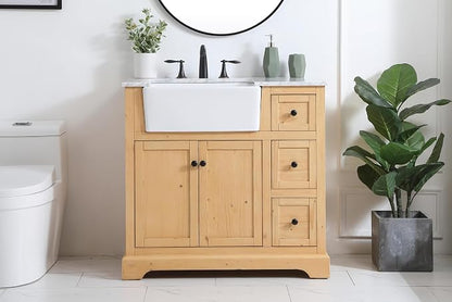 36" Pre-Assembled Bathroom Vanity with Sink, Solid Birch and MDF, Carrara White Marble Countertop Attached, Single Rectangle Porcelain Sink, 3 Soft-Close Drawers, Natural Wood