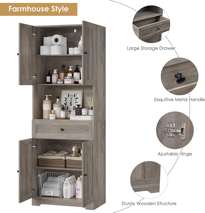 HIFIT Tall Bathroom Storage Cabinet with Drawer, Modern Linen Cabinet,Brown | 67"H Tall Storage Cabinet with Doors & Shelves, Freestanding Kitchen Pantry for Bathroom, Dining Room, Laundry, Narrow Corner