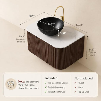 30 Inch Bathroom Vanity with Sink, Floating Wall Mounted Single Sink Vanity, Dark Walnut Curved Fluted Front, Stone Top, Black Marble Vessel Basin, Pre-Assembled