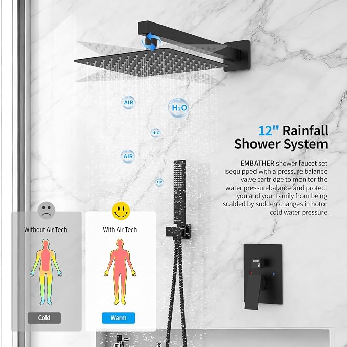 EMBATHER Black Shower System 12 Inches Shower Faucet Set with Square Rain Shower Head and Handheld For Bathroom, Matte Black Shower Combo Set Wall Mounted (Rough-in Valve & Trim Included)