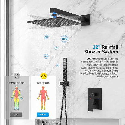 EMBATHER Black Shower System 12 Inches Shower Faucet Set with Square Rain Shower Head and Handheld For Bathroom, Matte Black Shower Combo Set Wall Mounted (Rough-in Valve & Trim Included)