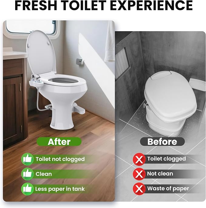 RV Bidet Toilet Seat Attachment, RV Bidet for Camper Toilet with Dual Nozzles, Self/Rear/Front Cleaning, Non-Electric, Adjustable Water Pressure, Fresh Water
