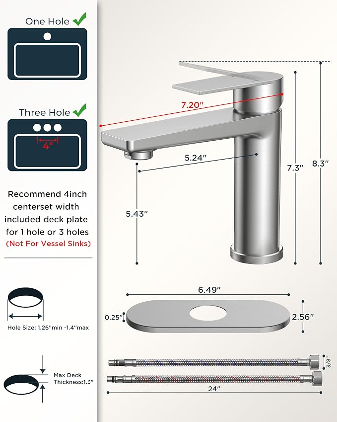 FORIOUS Brushed Nickel Bathroom Faucet 1 Hole, Commercial Bathroom Faucets | CUPC Single Hole Bathroom Faucet Brushed Nickel, Rv Bathroom Sink Faucet 1 Hole with Deck Plate&Drain, Camper Sink Upgrade