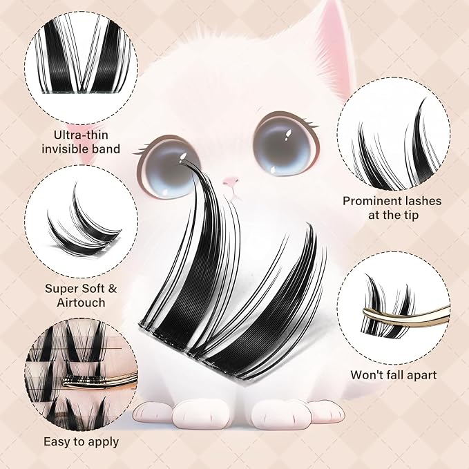 JMS&JMS Cat Bunny Lash Clusters Kit, Anime Eyelash Cluster Kit with Spikes | Invisible Band Manga Lashes Natural Wispy Lash Extension Kit with Lash Bond and Seal, Tweezers at Home