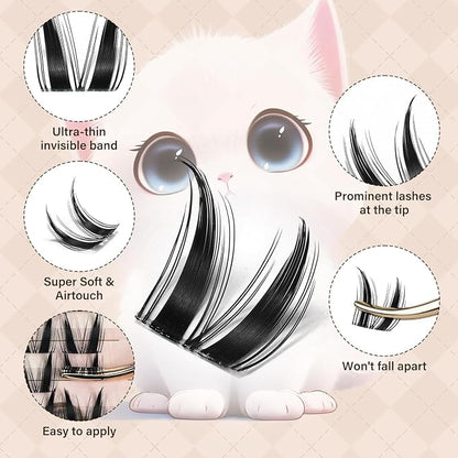 JMS&JMS Cat Bunny Lash Clusters Kit, Anime Eyelash Cluster Kit with Spikes | Invisible Band Manga Lashes Natural Wispy Lash Extension Kit with Lash Bond and Seal, Tweezers at Home