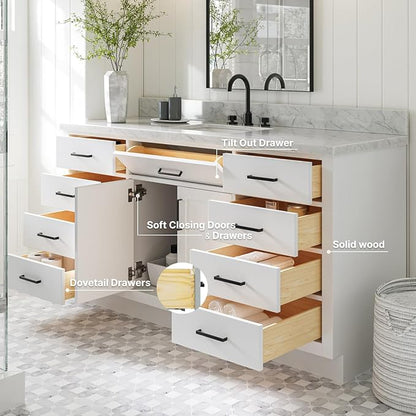 ARIEL Hepburn 66-inch Bathroom Vanity Base Cabinet,Solid Wood, 2 Soft Closing Doors, 9 Dovetail Drawers, White