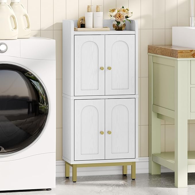 Bathroom Cabinet, Small Storage Cabinet with 4 Doors, Bathroom Organizers and Storage Cabinets with Adjustable Feet. Cabinets Freestanding for Living Room, Kitchen, 7.1"D x 14.6"W x 32.7"H