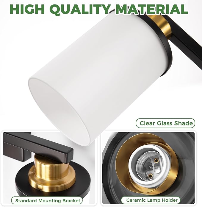 17 Inch Bathroom Light Fixtures, 3-Light Black and Gold Bathroom Lighting Fixtures Over Mirror with Milk Glass Shade, Vanity Lights for Living Room Bedroom