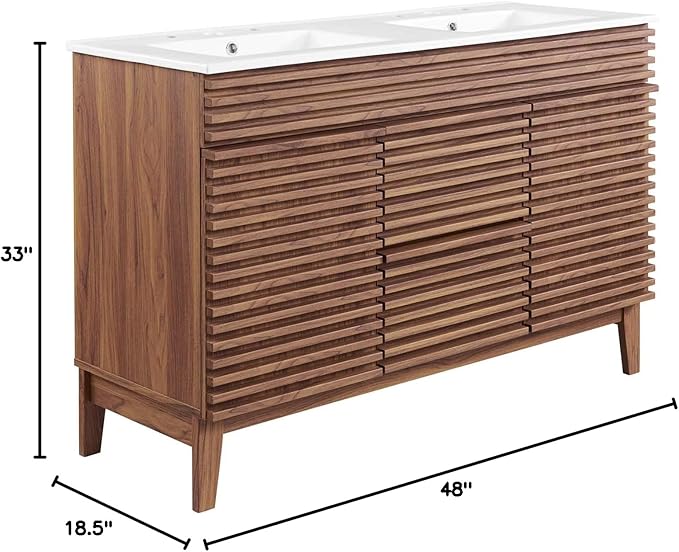 Modway Render 48" Double Sink Bathroom Vanity Cabinet in Walnut White