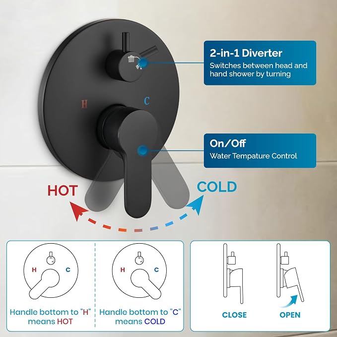 gotonovo Slide Bar Shower System Faucet Set Complete,Matte Black,10 Inch | Rain Round Shower Head with 6-Modes Handheld Spray,Valve and Trim Kit Included,Bathroom Wall Mount,All Metal,2-In-1 Diverter