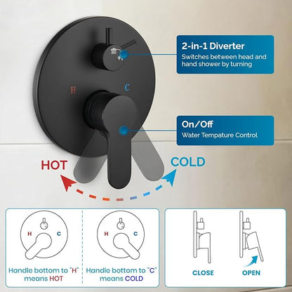 gotonovo Slide Bar Shower System Faucet Set Complete,Matte Black,10 Inch | Rain Round Shower Head with 6-Modes Handheld Spray,Valve and Trim Kit Included,Bathroom Wall Mount,All Metal,2-In-1 Diverter