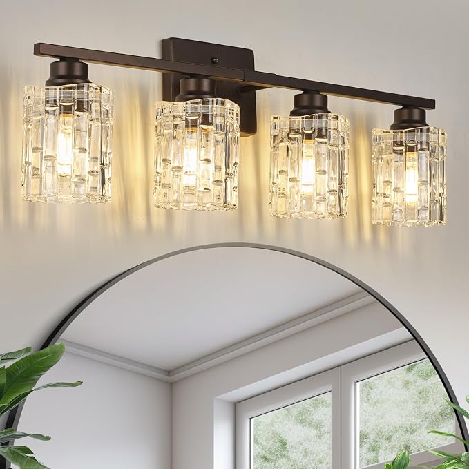 Refice 4-Light Bathroom Vanity Lights Crystal Glass, Oil Rubbed Bronze | Bathroom Light Fixtures Vanity Lighting Over Mirror for Living Room Farmhouse, Hallway
