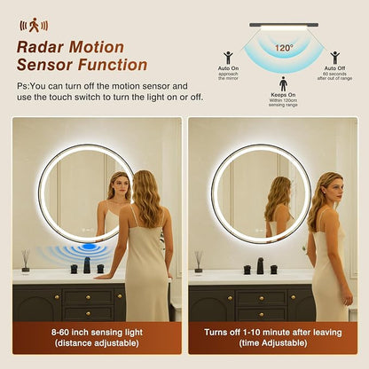 30 Inch Round Black Framed LED Bathroom Mirror with Lights,Smart Bathroom Mirror,Motion Sensor,Tempered Glass,Anti-Fog,Stepless Dimmable & 3 Colors,Memory,Vanity Mirror for Wall