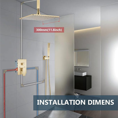 Aolemi Ceiling Shower Faucet Set with Handheld 12" LED Head Brushed Gold | Handheld Spray,12 Inch Rain LED Head,Shower Valve and Trim Kit,All Metal,Ceiling System,Bathroom Mixer
