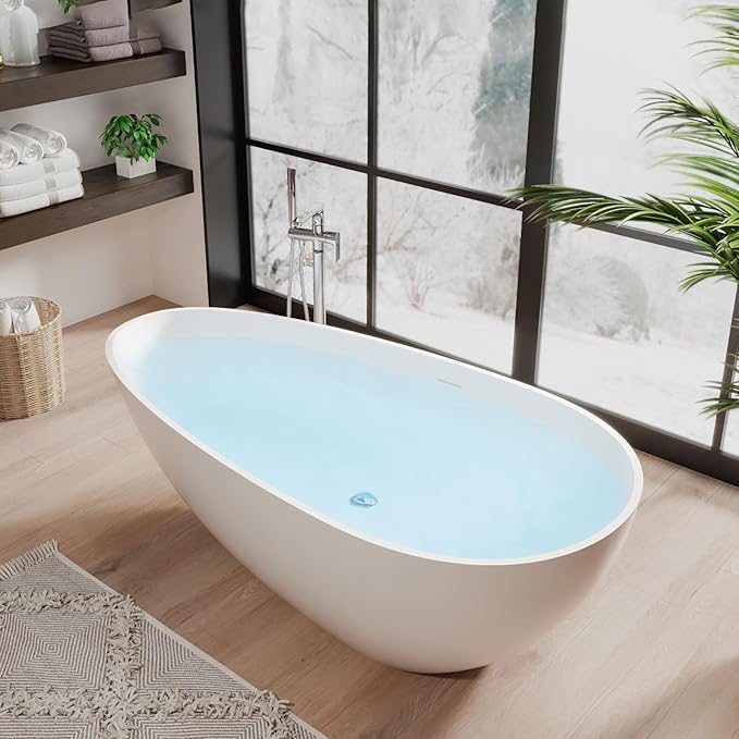 67" Freestanding Bathtub, Solid Surface Soaking Tub - Oval Egg Shell Stone Resin with Pop-Up Drain & Overflow, CUPC Certified Matte White Deep Soaking Tub with Ergonomic Design for Luxury Bathroom