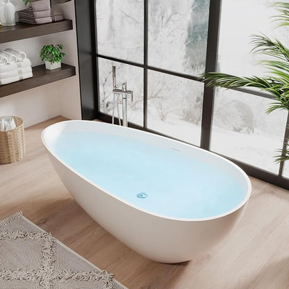 67" Freestanding Bathtub, Solid Surface Soaking Tub - Oval Egg Shell Stone Resin with Pop-Up Drain & Overflow, CUPC Certified Matte White Deep Soaking Tub with Ergonomic Design for Luxury Bathroom