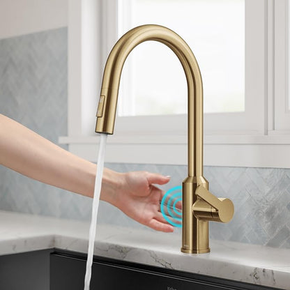 Kraus Oletto Kitchen Faucets Touchless Sensor Single Handle Pull-Down Sprayer in Brushed Brass, KSF-2830BB