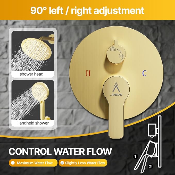 Shower Faucet Set Brass 10IN Rough-In Valve Body Trim Kit Rainfall Included Handle Accessories Complete 2 Functions with Rain Head and Handheld Bathroom Systems (10'', Brushed Gold)