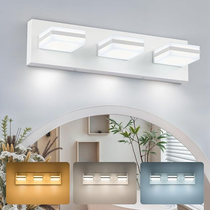 VONLUCE LED Modern Bathroom Vanity Light Fixture, Matte White | 18'', 3-Light, 3CCT, 360° Rotate, High CRI, Flicker-free, Dimmable, Memory Function, Waterproof IP44, Easy Installation