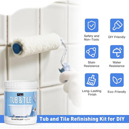 DWIL Tub Paint, Tub and Tile Refinishing Kit 33oz with Tools, Tile Refinishing Kit Bathtub Paint Water Based &Low Odor, Easy to Use Sink for Bathroom Kitchen, Semi-Gloss Vanilla White, 50-55sq.ft