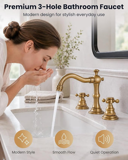 gotonovo 3 Hole 8’’ Widespread Bathroom Sink Faucet Antique Brass | Vintage Bathroom Faucet,2 Cross Handle,6-16’’ Sink,Vanity,Basin,RV,Farmhouse,SUS304,24’’ cUPC Hose Pop Up Drain,Deck Mount