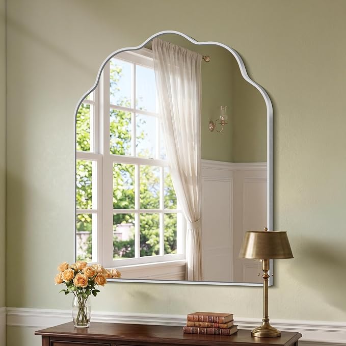 Scalloped Arched Mirror, 30×36Inch Silver Bathroom Mirror, Wavy Wall Mounted Vanity Mirror with Aluminum Alloy Frame for Livingroom Bedroom and Entryway, Tempered Glass