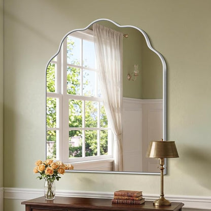 Scalloped Arched Mirror, 30×36Inch Silver Bathroom Mirror, Wavy Wall Mounted Vanity Mirror with Aluminum Alloy Frame for Livingroom Bedroom and Entryway, Tempered Glass