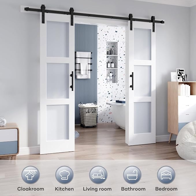 Double 21×84 Inch Glass Barn Door Slab and 7ft Hardware Kit Included, 3 Frosted Glass, LVL Wood Panel Covered with White Water-Proof Scratch-Proof PVC Surface, Simple DIY Assembly