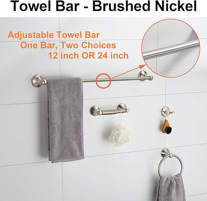 BGL Bathroom Accessory Set, Brushed Nickel Adjustable Expandable Towel Bar 4-Piece Bathroom Hardware Set Wall Mounted