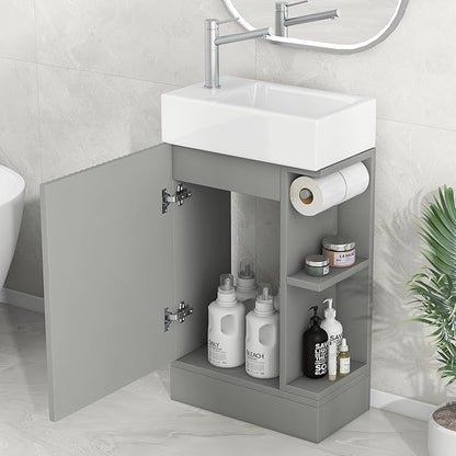 Harper & Bright Designs 18.6" Bathroom Vanity with Sink, Free Standing Single Basin Vanity Set with Storage Cabinet & Two-Tier Shelf, Wooden Cabinet with Ceramic Basin for Bathroom, Grey