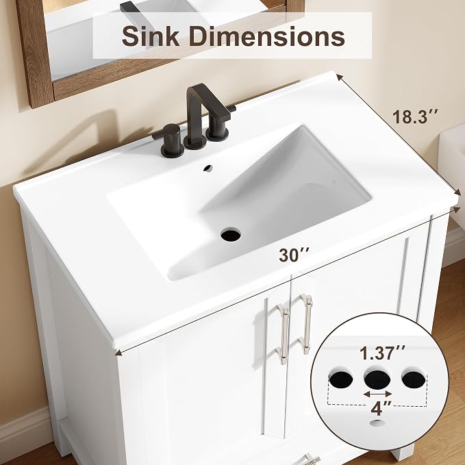 Garvee 24" Bathroom Vanity with Sink, Freestanding Bathroom Cabinet | White Bathroom Vanity Cabinet With Waterproof And Adjustable Foot & Soft-Door & Drawer & Metal Handle Easy Assembly