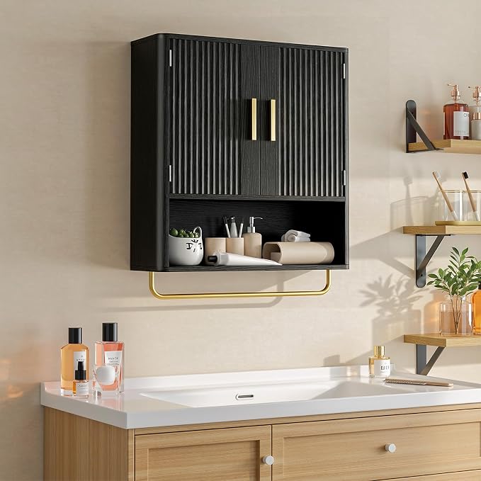 Bathroom Wall Cabinet, Medicine Cabinet with Fluted Door & Adjustable Shelf | Over The Toilet Storage Cabinet with Towel Bar, Space-Saving Cabinet Wall Mount for Laundry Room, Kitchen, Living Room