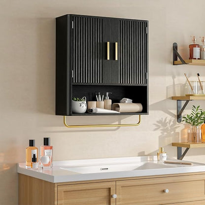 Bathroom Wall Cabinet, Medicine Cabinet with Fluted Door & Adjustable Shelf | Over The Toilet Storage Cabinet with Towel Bar, Space-Saving Cabinet Wall Mount for Laundry Room, Kitchen, Living Room