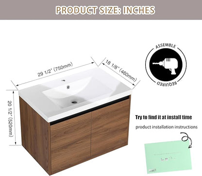 30" Floating Bathroom Vanity,30 Inch Bathroom Vanity with Sink,Single Sink Wall Mounted Vanity Combo,Dark Brown Wall Mounted Cabinet Set
