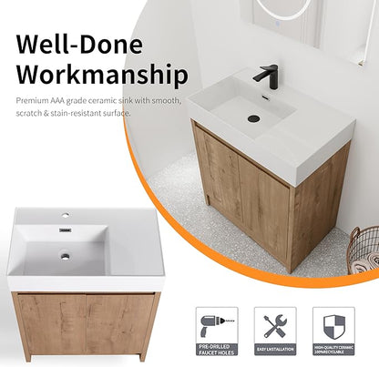 30 Inch Bathroom Vanity with Sink, Modern Bathroom Vanity Set, Brown Vanity, Soft-Closing Door and Thick Edge Resin Basin - 30" (IMO, 30inch-Left)