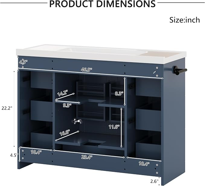 48" Bathroom Vanity with Sink, Freestanding Bathroom Cabinet | Ceramic Top & Backsplash, 7 Storage Drawers, X-Shaped Doors, Adjustable Shelving, Door Storage and Towel Bar, Navy Blue