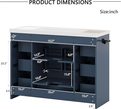 48" Bathroom Vanity with Sink, Freestanding Bathroom Cabinet | Ceramic Top & Backsplash, 7 Storage Drawers, X-Shaped Doors, Adjustable Shelving, Door Storage and Towel Bar, Navy Blue