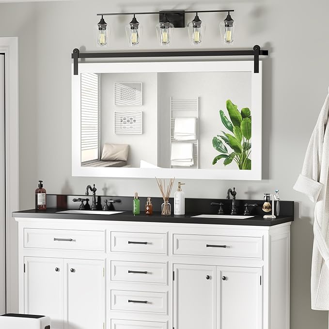 COGOOD Farmhouse Bathroom Mirrors for Over Sink - 30 x 49 Pure White | Rustic Barn Door Wood Framed Vanity Mirror for Entryway, Living Room, Bedroom, Dresser Wall Decor