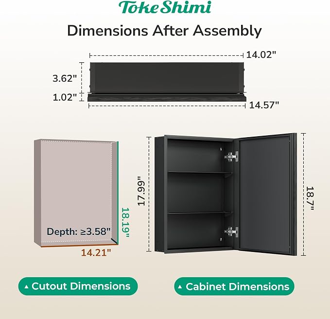 14 x 18 Recessed Medicine Cabinet, Assembly Required, Black Bathroom Medicine Cabinet with Mirror, Stepless Adjustable Shelves, Tempered Glass, Beveled Aluminum Frame