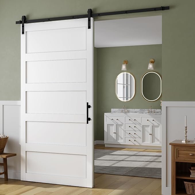 SMARTSTANDARD 48in x 96in Sliding Barn Door with 8FT Hardware Track Kit | Waterproof PVC Surface, Pre-Drilled Holes Easy to Assemble, Solid, MDF, White, 5-Panel