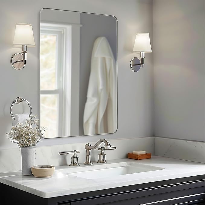 36”x48”Brushed Nickel Mirror for Bathroom, Rounded Rectangle Bathroom Mirror, Modern Metal Mirror in Premium Stainless Steel Frame, 1”Deep Set Design Hangs Horizontal Or Vertical