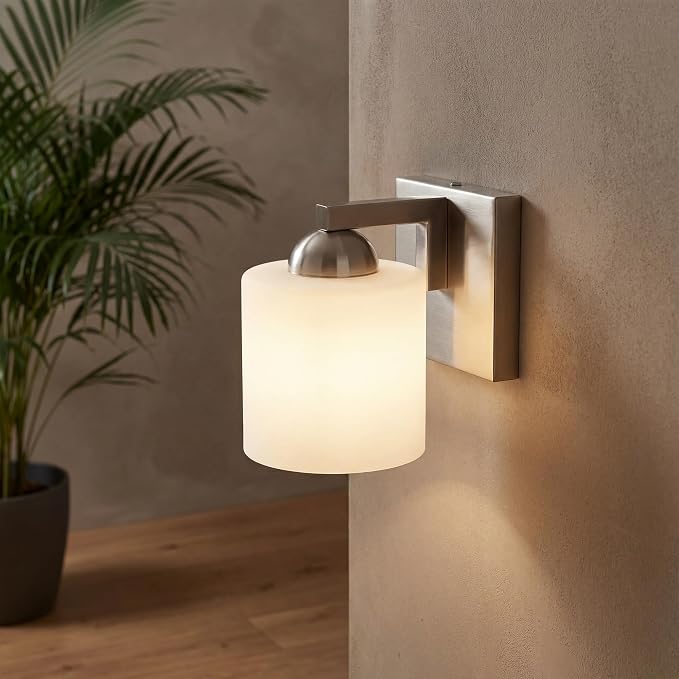 mirrea 1-Light Brushed Nickel Bathroom Vanity Light with White Glass Shade | Over Mirror,Wall Sconce,ETL listed,Bathroom Lighting Fixtures,Elegant Design,Milk White Glass Shade,Easy Installation