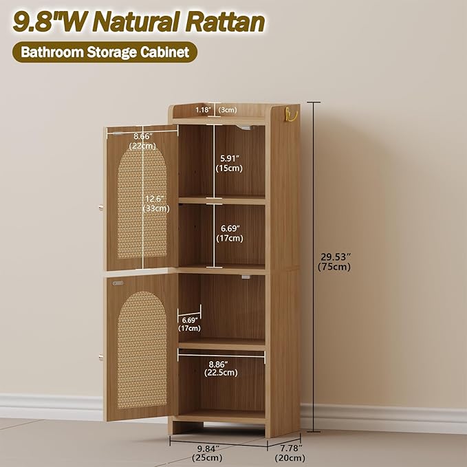 Rattan Bathroom Storage Cabinet,Corner Floor Cabinet with 2 Doors and Adjustable Shelf, Narrow Toilet Paper Cabinets with 2Hooks,Toilet Organizer for Small Spaces,7.87"D*9.84"W*29.72"H Oak